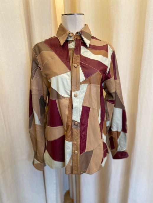 Vintage Leather Patchwork Button-Up Shirt