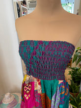 Load image into Gallery viewer, Purple and Green Strapless Silk Romper