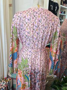 Dalia MacPhee Pink Floral print maxi dress with high collar and sash
