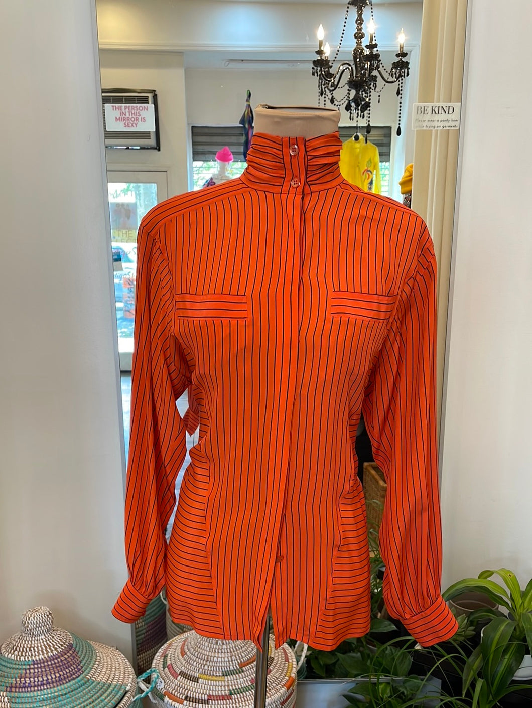 Silk Mock Neck Escada Orange Stripe Blouse from the late 80s