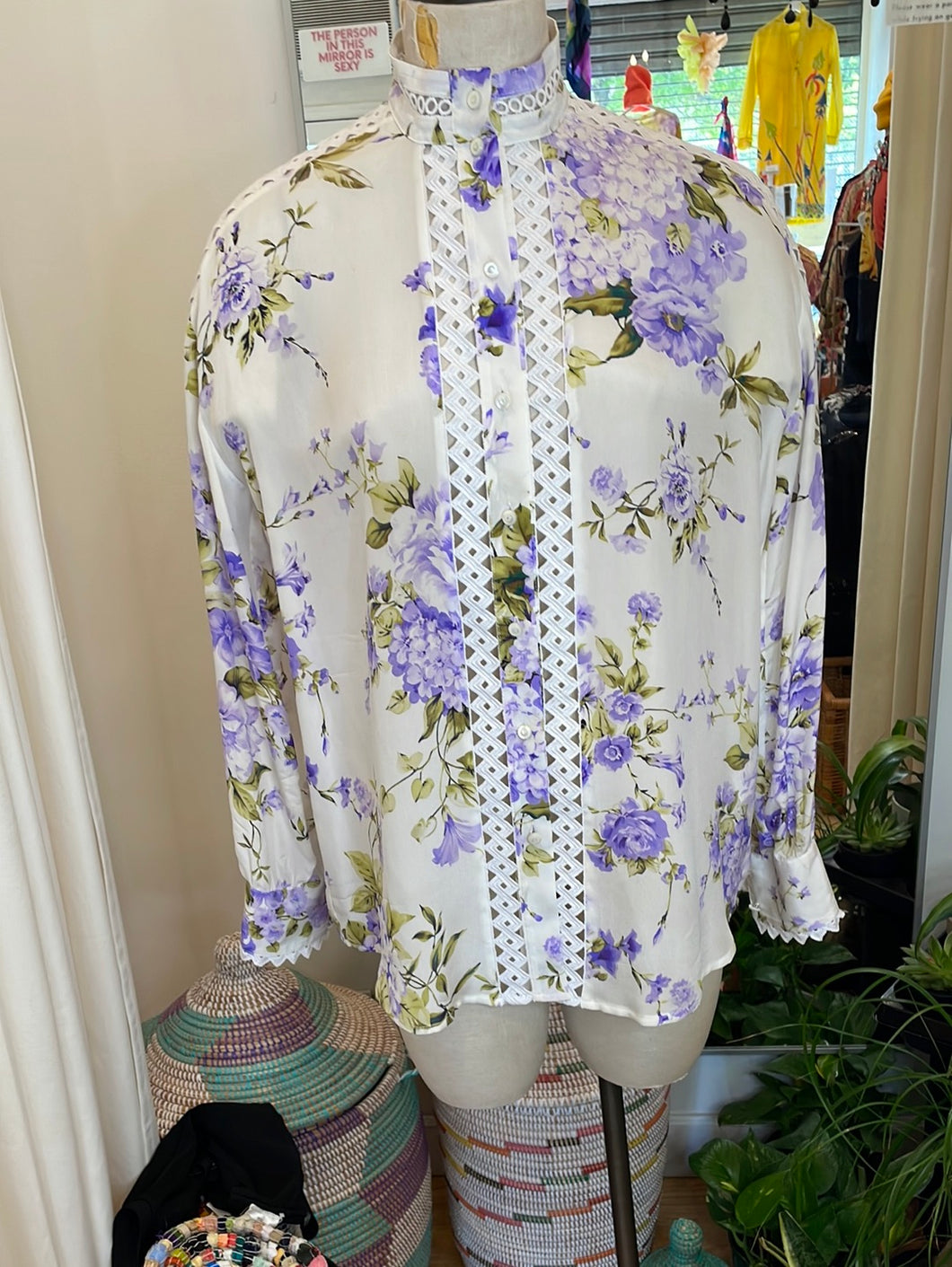 Socapri Silk white blouse with purple floral print