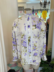 Socapri Silk white blouse with purple floral print