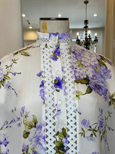Socapri Silk white blouse with purple floral print