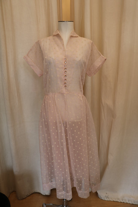 Vintage Sheer Baby Pink Fit & Flare Dress W/ Velvet Dots