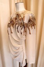 Load image into Gallery viewer, Vintage 80s Sheer Ivory Blouse w/ Neutral Tone Safari Animals