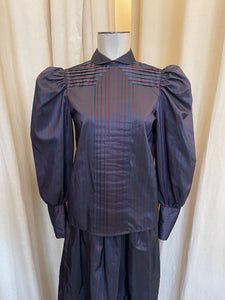 Puffed Sleeve Striped Pleated Skirt Set
