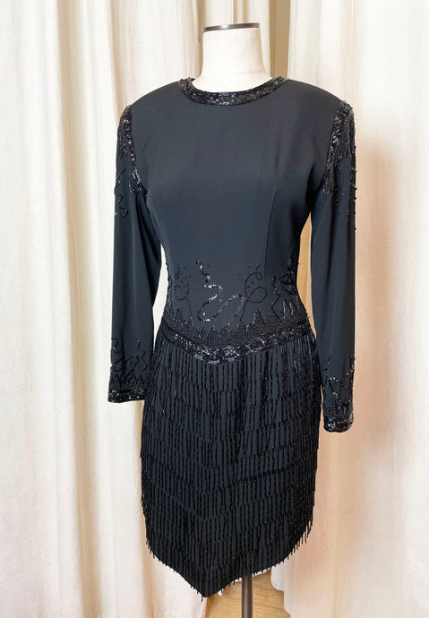 Lillie Rubin Black Fringe Beaded Tassel Dress