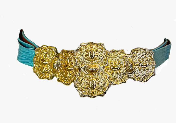 1980's Gold and Turquoise Adjustable Clip belt