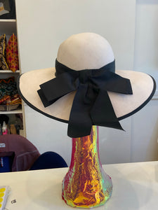 Vintage cream wide brim hat with contrast black bow