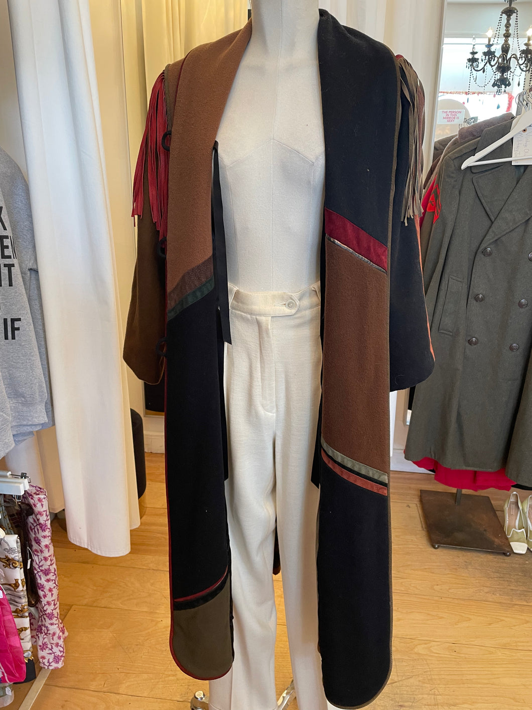 Vintage wool+ suede patchwork fringe coat