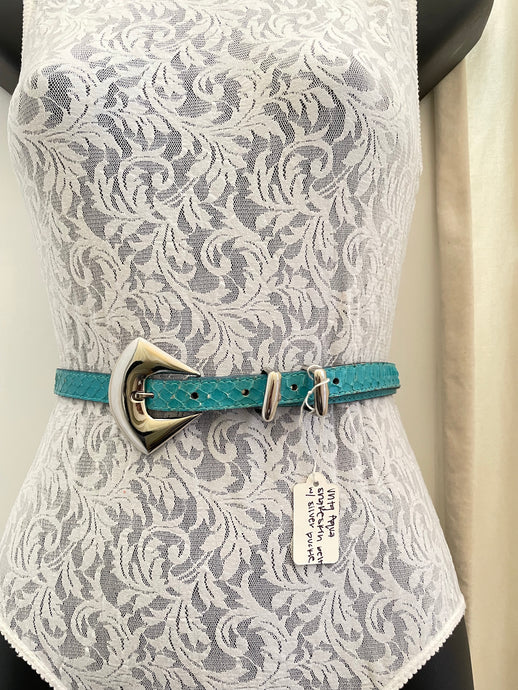 Vintage aqua snakeskin belt with silver buckle