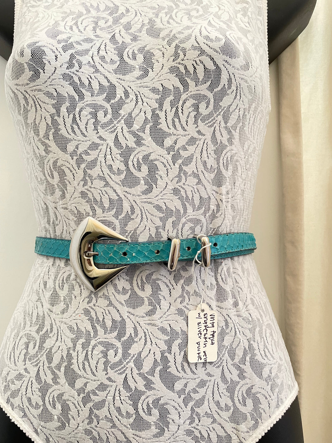 Vintage aqua snakeskin belt with silver buckle