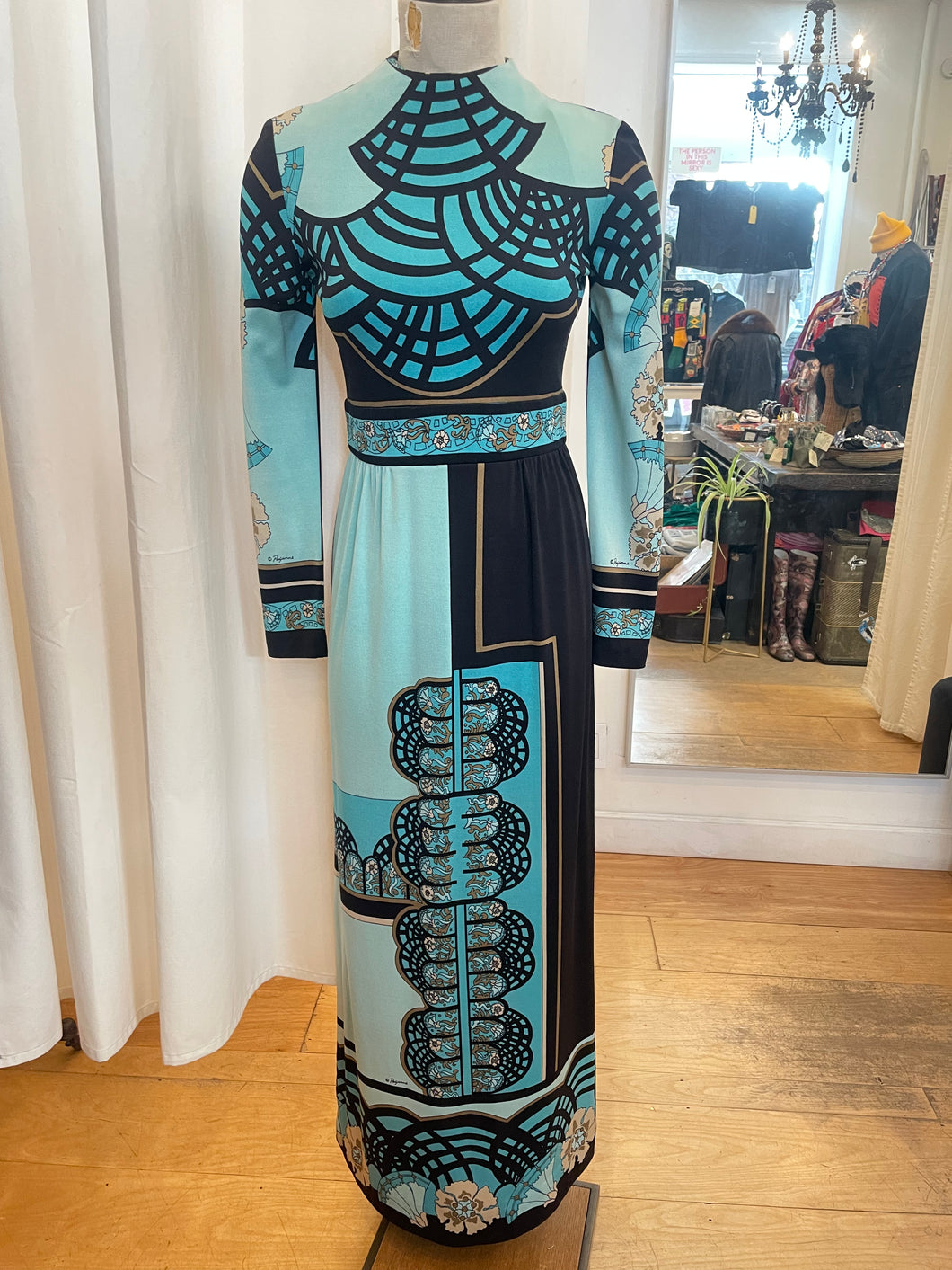 70’s Blue Abstract Paganne Print Maxi Dress