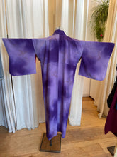 Load image into Gallery viewer, 60s Long Purple Kimono with Wave and Leaf Pattern