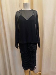 Vintage 80s Endién black cocktail dress with sheer top layer and ruched skirt