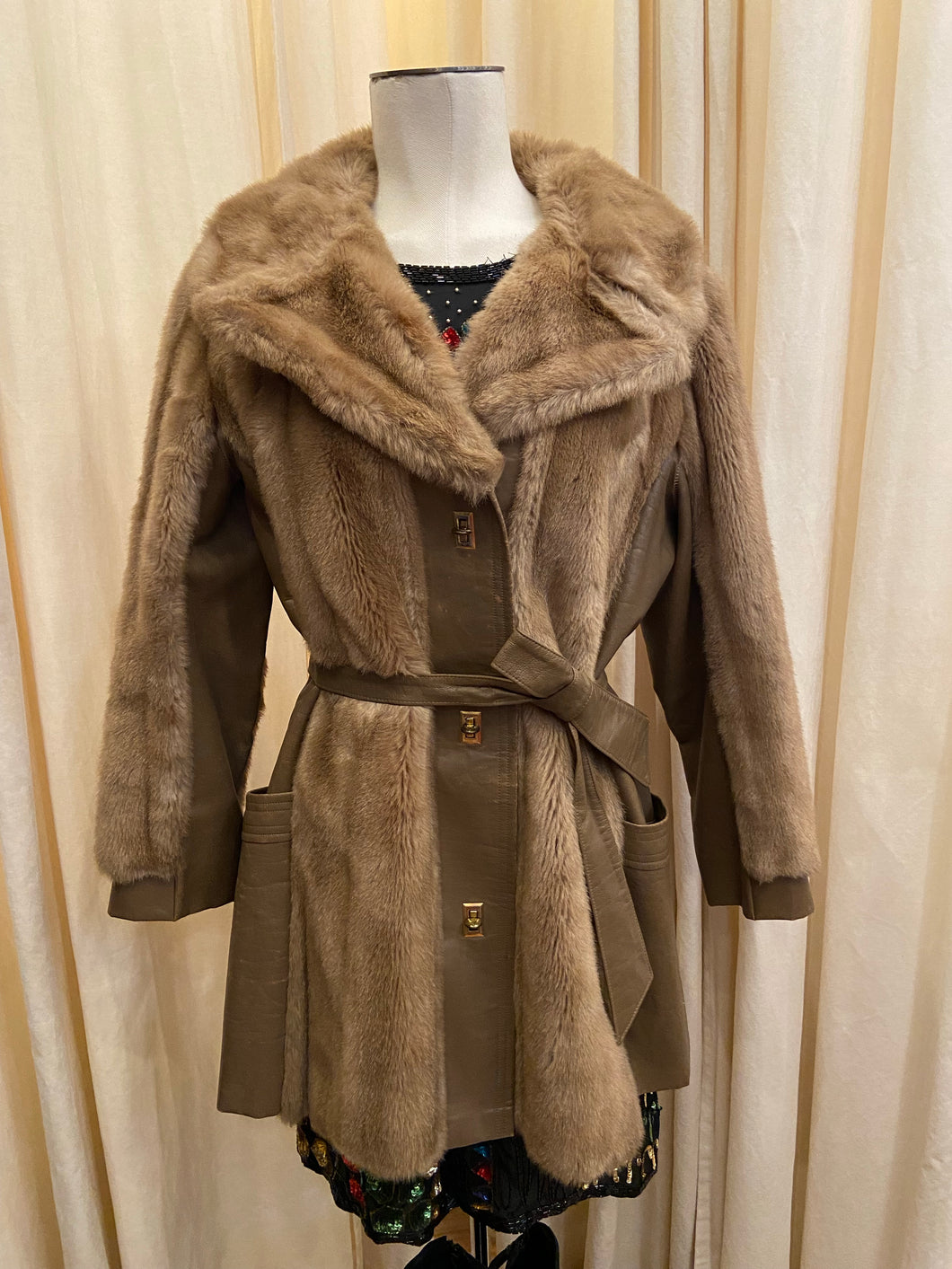 Vintage genuine leather and faux fur coat
