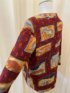Vintage Maroon Quilted Jacket with Framed Animals