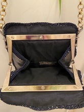Load image into Gallery viewer, Vintage Black and navy leather and crochet purse with gold chain