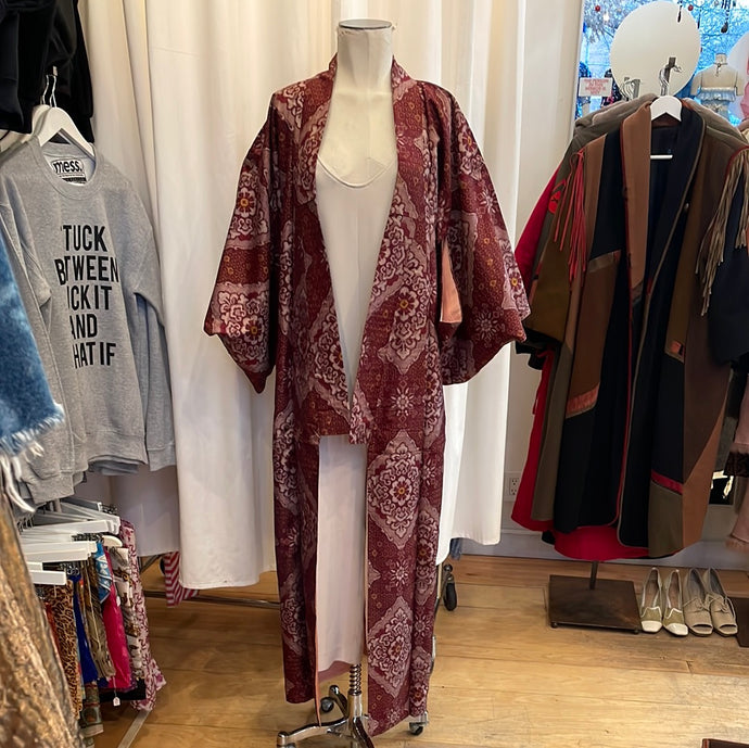 Vintage Burgundy Kimono w/ Floral Print