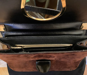 Vintage Varon black patent and brown suede top handle purse