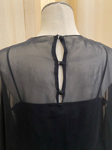 Vintage 80s Endién black cocktail dress with sheer top layer and ruched skirt