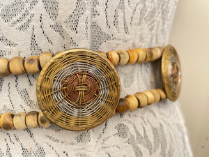 Vintage belt with wooden beads and multi-tone wire medallions