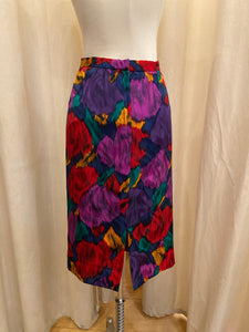 Vintage 80s Raul Blanco jewel tone abstract floral skirt with ruffle detail