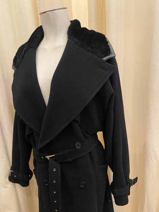 Vintage 80s Gianni Versace black wool double breasted peacoat with faux fur collar