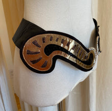 Load image into Gallery viewer, Vintage 80s leather belt with snake, gold, and crystal details