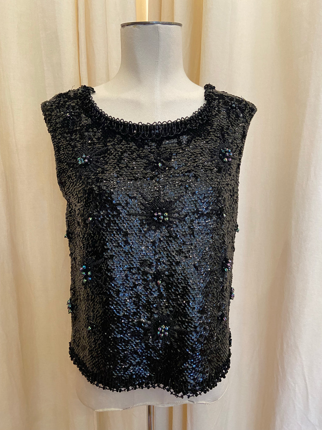 Vintage 80s black wool tank top with all over sequins and beading