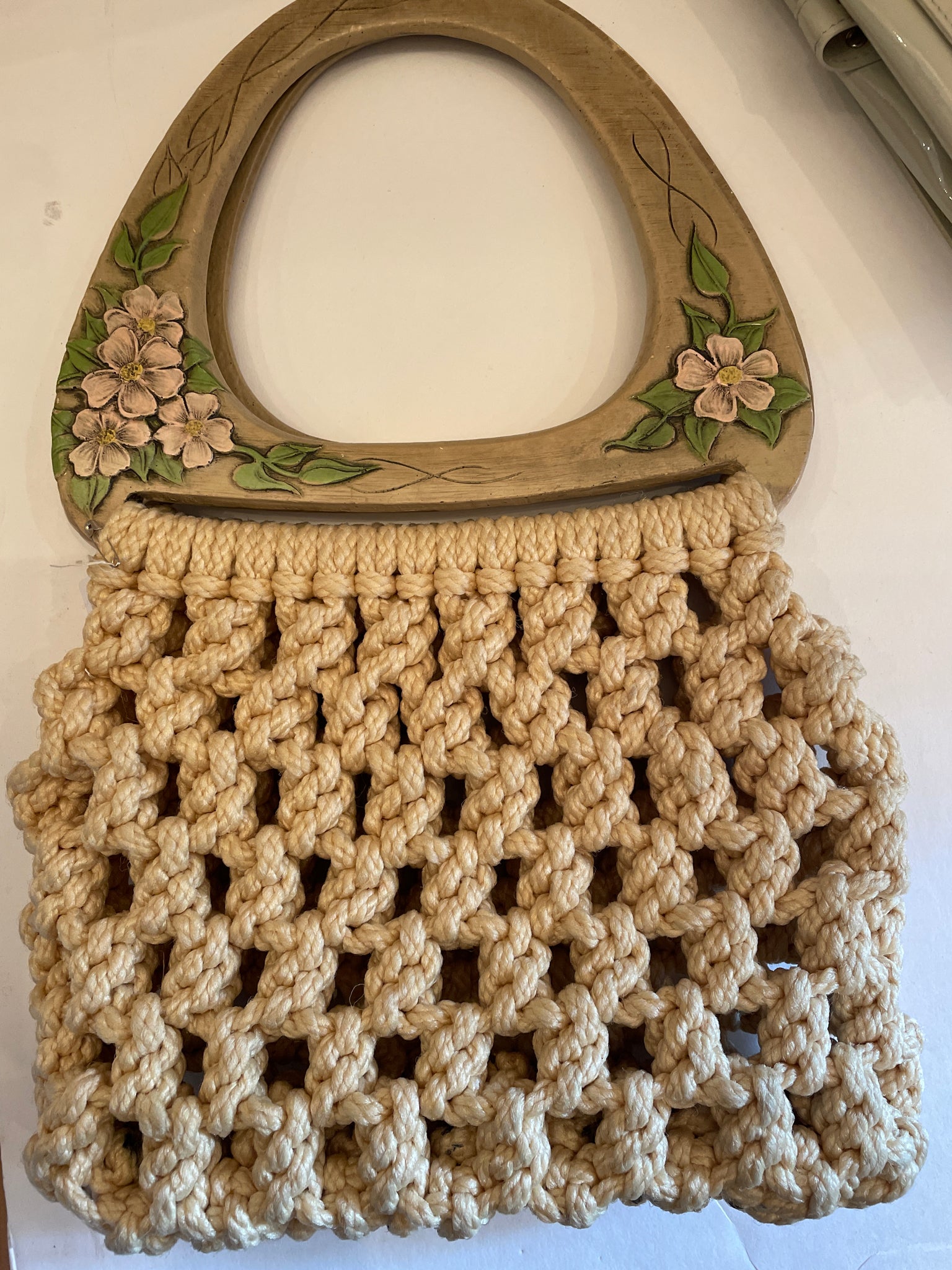 Vintage Lined Needlepoint Cloth Bag with Wooden Handles, Sewing, Crochet