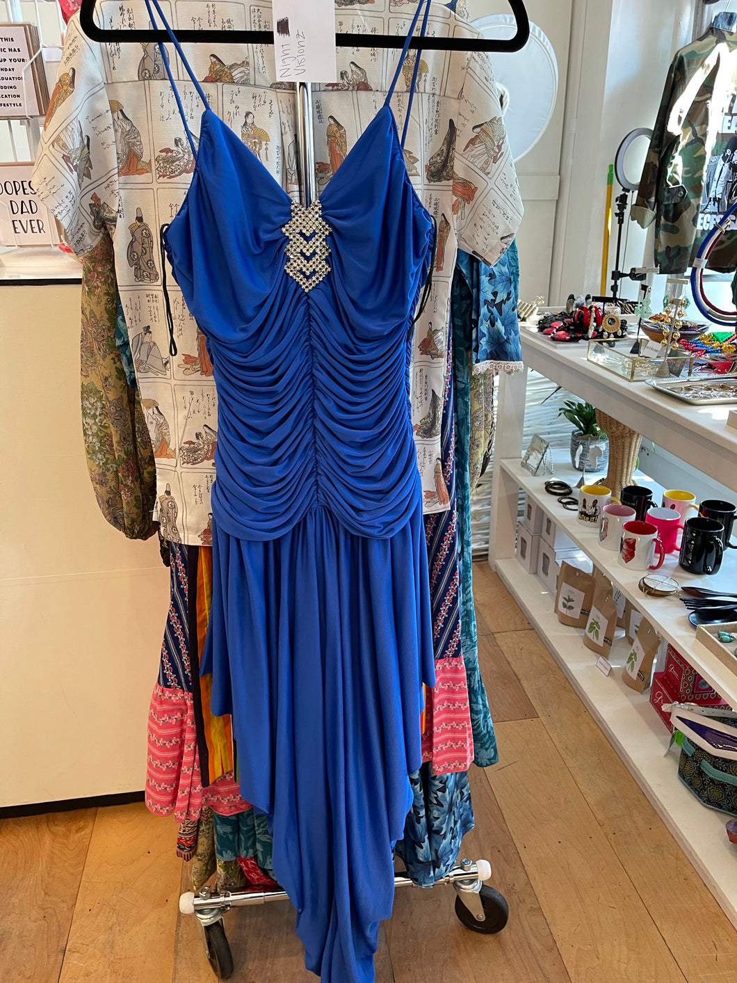 70s disco era blue ruched jumpsuit