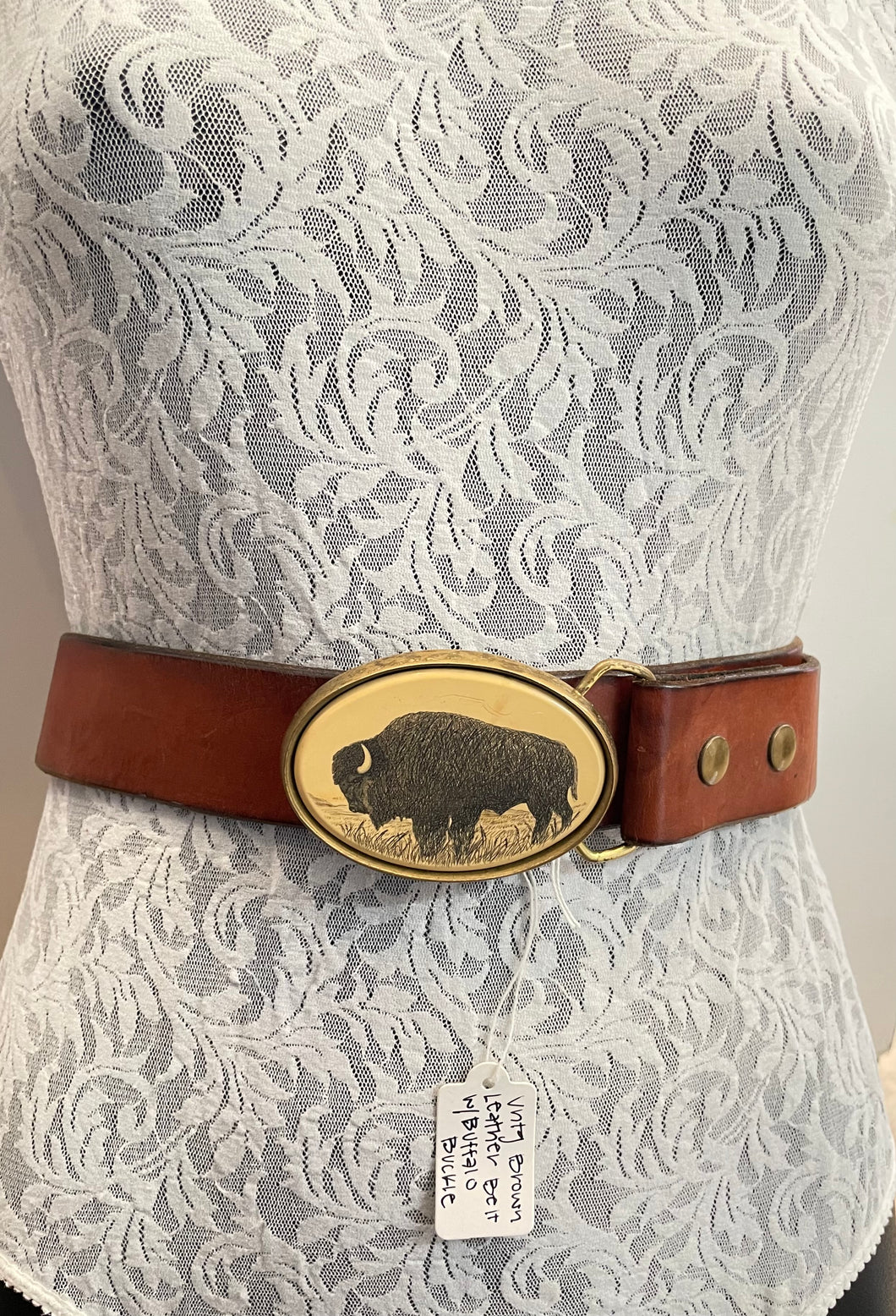 Vintage Barlow brown leather belt with Buffalo motif buckle