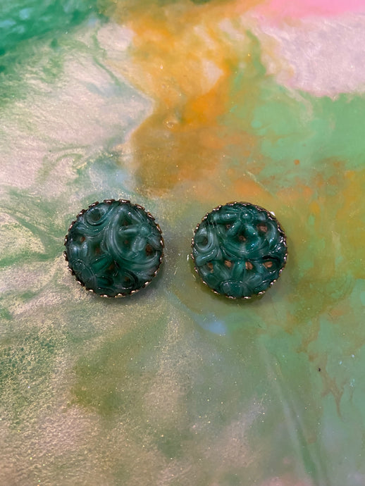 Vintage jade-looking ornate clip-on earrings