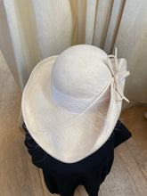 Load image into Gallery viewer, Vintage cream wide brim hat with rhinestone bow and feather