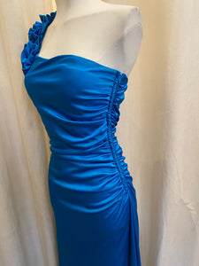 Vintage Masquerade aqua blue one shoulder maxi dress with ruffled shoulder