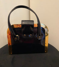 Load image into Gallery viewer, Vintage black patent handbag with gold frame and lock