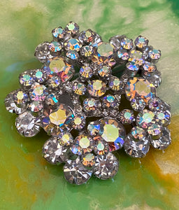 Vintage large iridescent crystal floral brooch