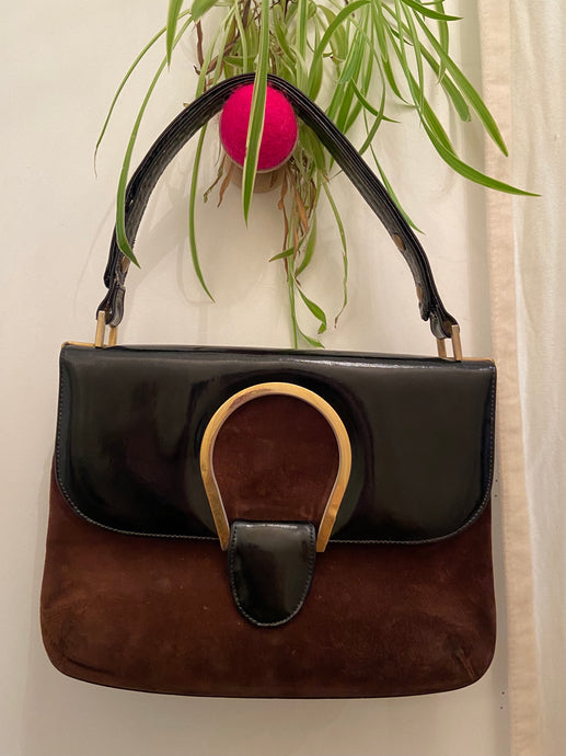Vintage Varon black patent and brown suede top handle purse