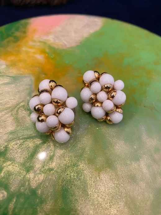 Vintage white and gold beaded clip-on earrings