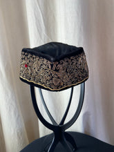 Load image into Gallery viewer, Vintage black velvet cap with gold embroidered sides