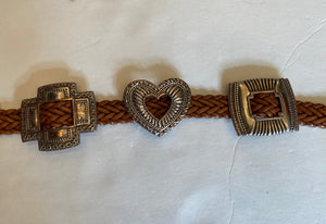 Brown woven belt with big silver buckles