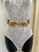 Load image into Gallery viewer, Vintage Dotty Smith brown leather belt with gold elephants
