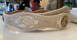 Vintage White leather western “Versace-look” belt with embroidery and horse medallion
