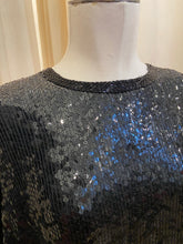 Load image into Gallery viewer, Vintage I. Magnin black sequin dress with gold lamé elastic cuffs