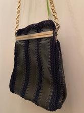 Load image into Gallery viewer, Vintage Black and navy leather and crochet purse with gold chain