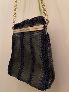 Vintage Black and navy leather and crochet purse with gold chain