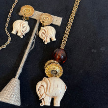Load image into Gallery viewer, Vintage horn carved elephant necklace earring set