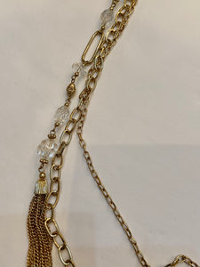 Multi-strand gold link necklace with clear crystal beads