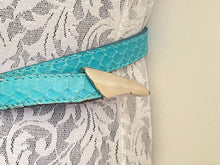 Load image into Gallery viewer, Vintage aqua snakeskin belt with silver buckle